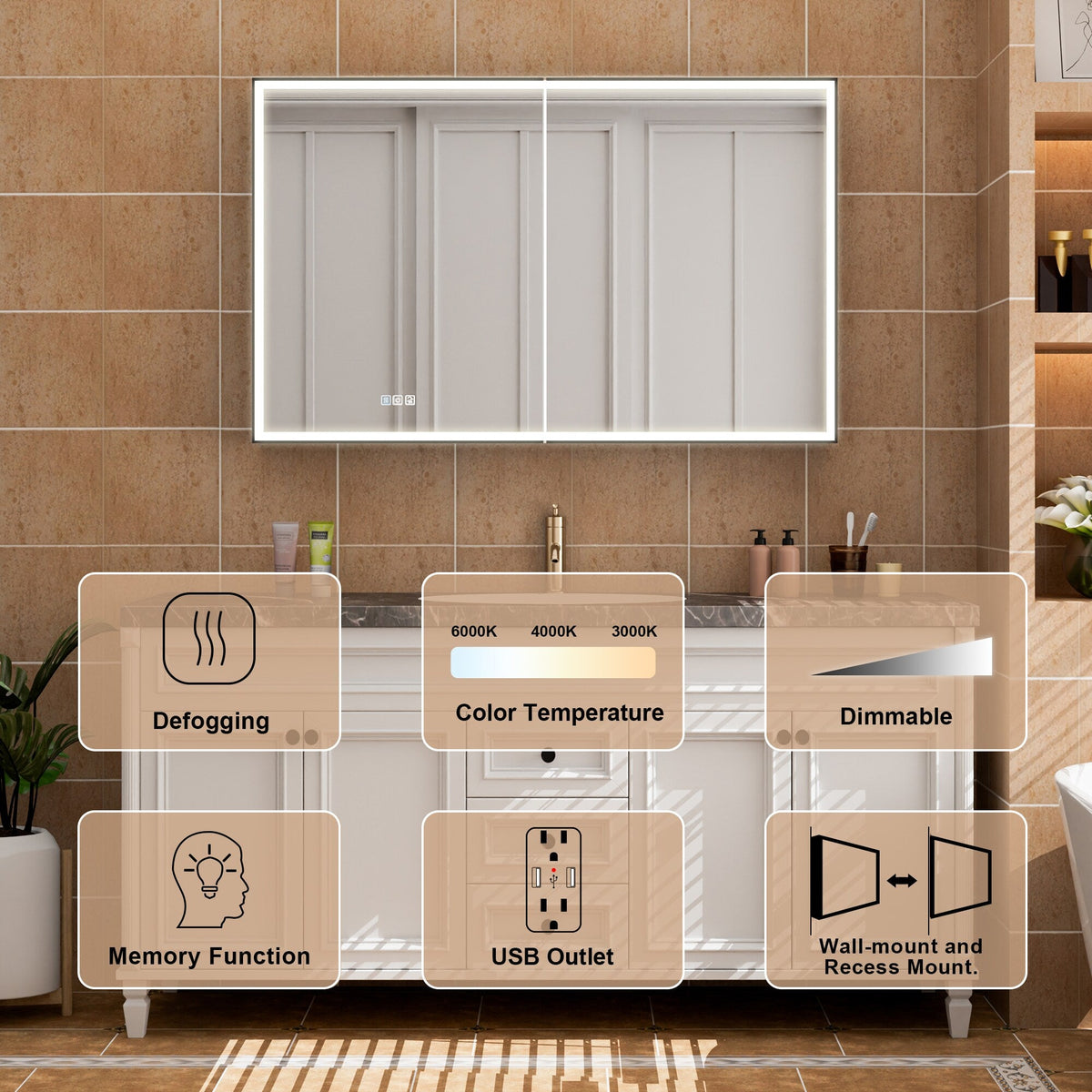 WELLFOR AYLA 48-in x 30-in Lighted LED Fog Free Surface/Recessed Mount Black Soft Close Medicine Cabinet with Outlet