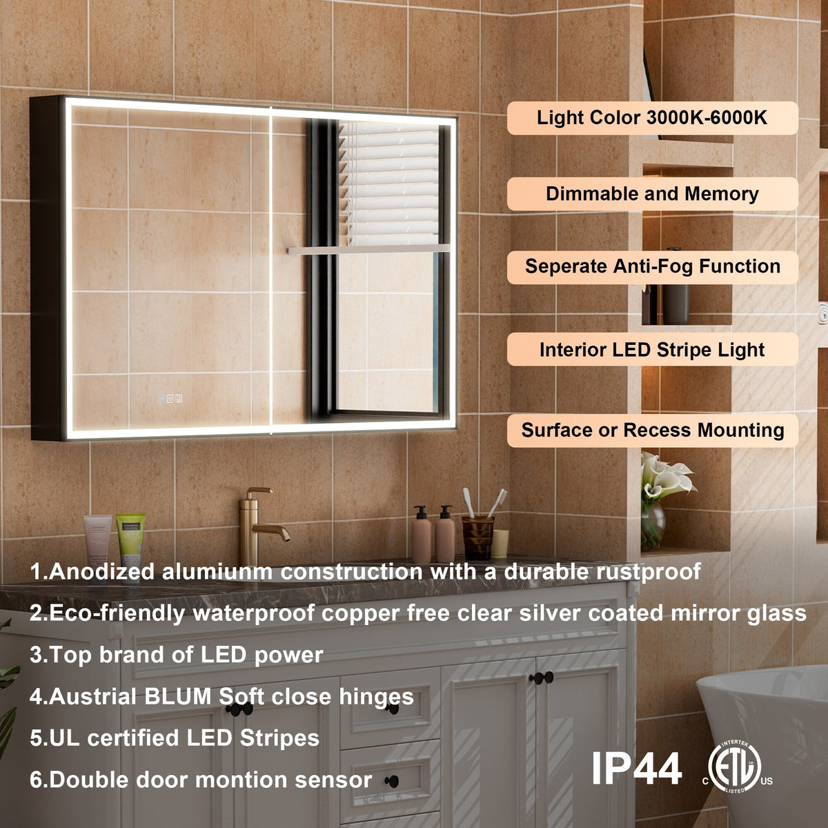 WELLFOR AYLA 48-in x 30-in Lighted LED Fog Free Surface/Recessed Mount Black Soft Close Medicine Cabinet with Outlet