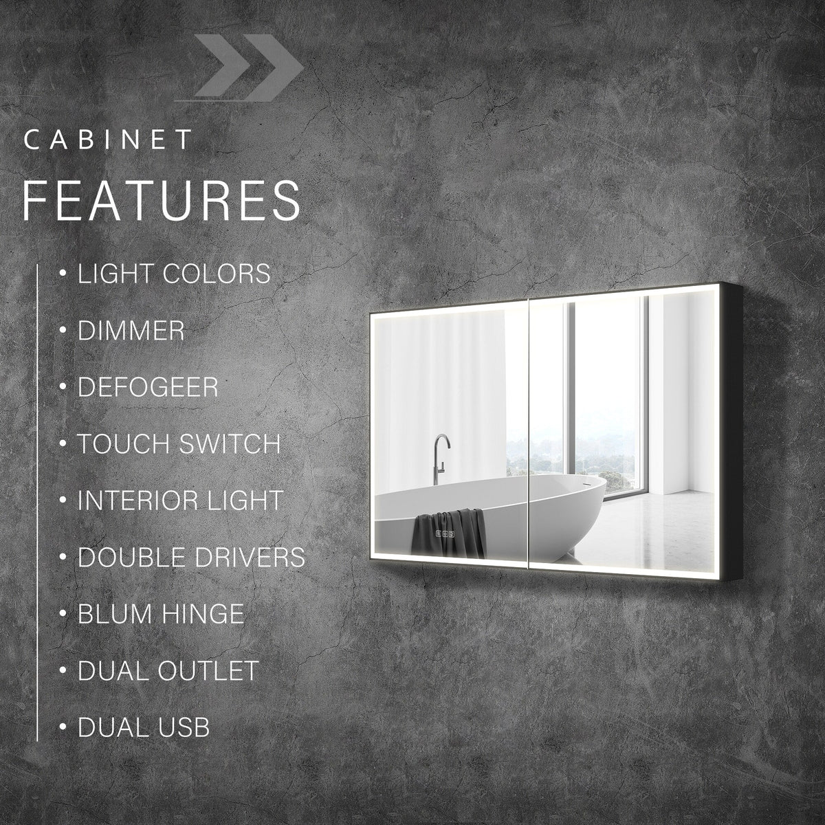 WELLFOR AYLA 48-in x 30-in Lighted LED Fog Free Surface/Recessed Mount Black Soft Close Medicine Cabinet with Outlet