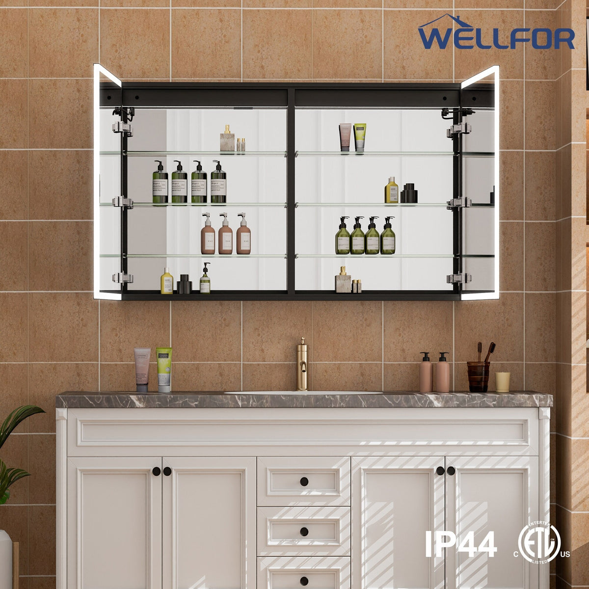 WELLFOR AYLA 48-in x 30-in Lighted LED Fog Free Surface/Recessed Mount Black Soft Close Medicine Cabinet with Outlet
