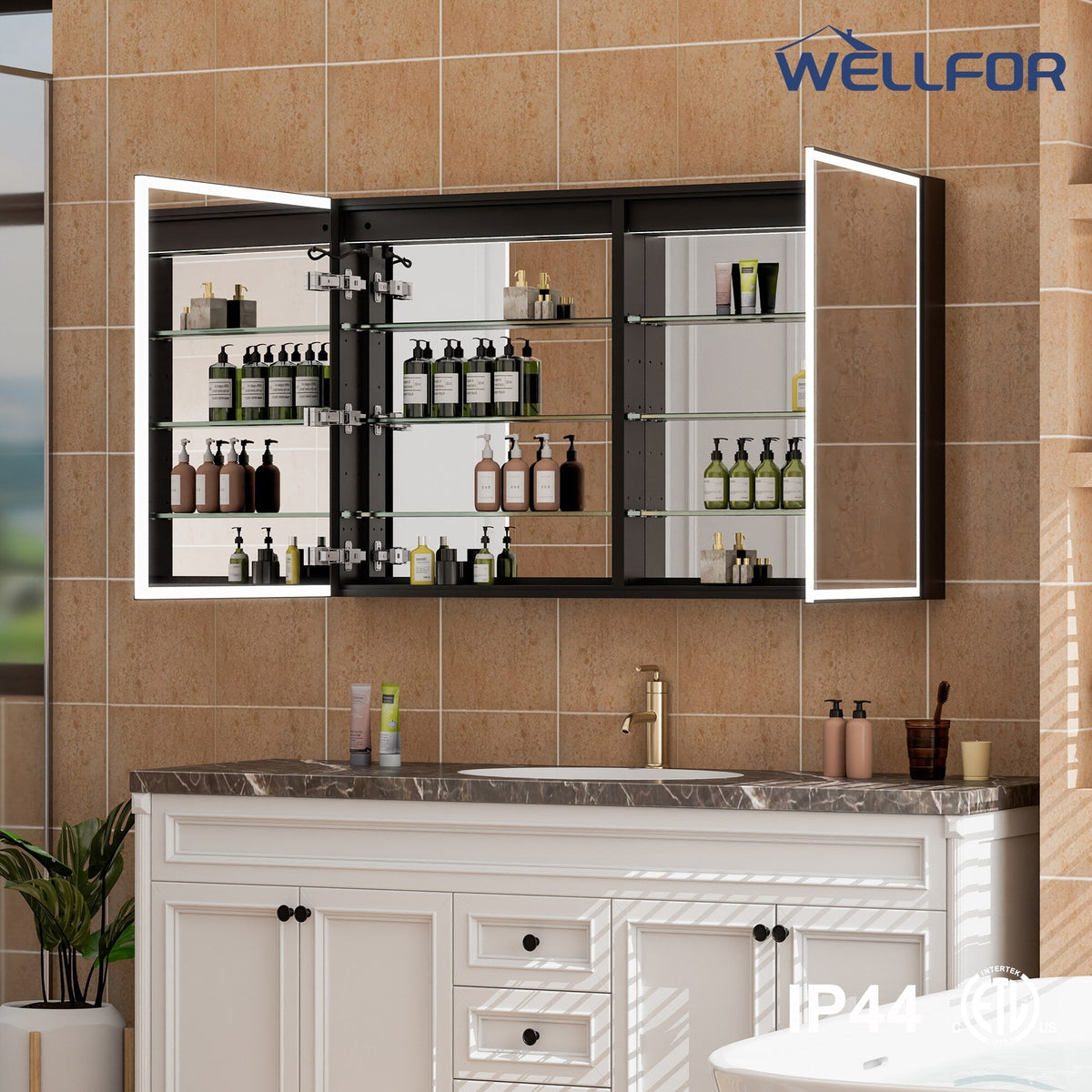 WELLFOR AYLA 48-in x 30-in Lighted LED Fog Free Surface/Recessed Mount Black Soft Close Medicine Cabinet with Outlet