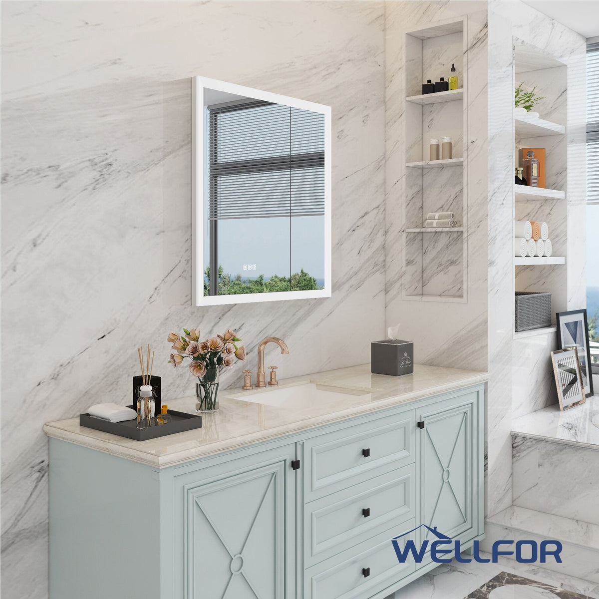 WELLFOR AURORA 30-in x 32-in Lighted LED Fog Free Surface/Recessed Mount Silver Mirrored Soft Close Medicine Cabinet