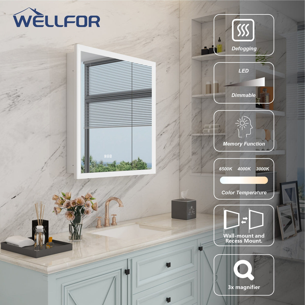 WELLFOR AURORA 30-in x 32-in Lighted LED Fog Free Surface/Recessed Mount Silver Mirrored Soft Close Medicine Cabinet