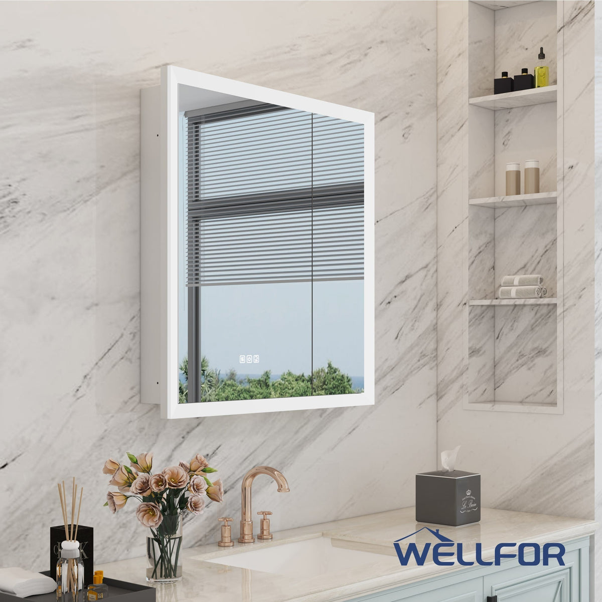 WELLFOR AURORA 30-in x 32-in Lighted LED Fog Free Surface/Recessed Mount Silver Mirrored Soft Close Medicine Cabinet