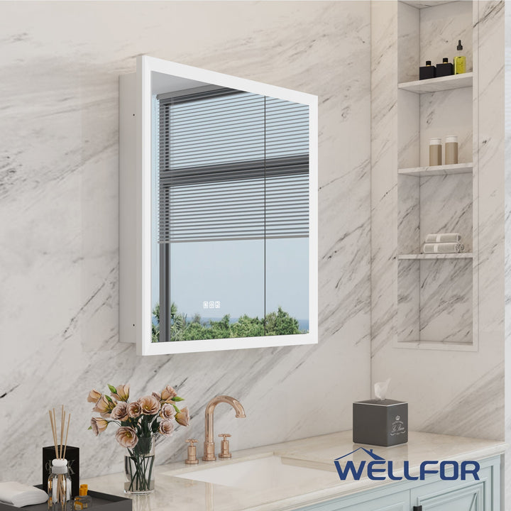 WELLFOR AURORA 30-in x 32-in Lighted LED Fog Free Surface/Recessed Mount Silver Mirrored Soft Close Medicine Cabinet