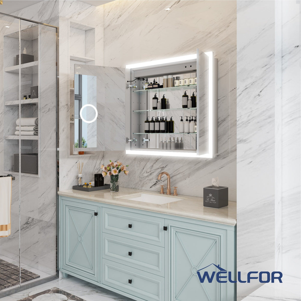 WELLFOR AURORA 36-in x 32-in Lighted LED Fog Free Surface/Recessed Mount Silver Mirrored Soft Close Medicine Cabinet