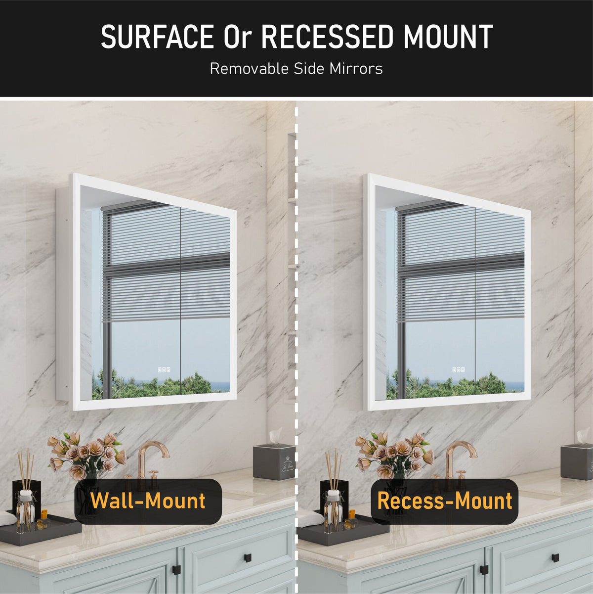 WELLFOR AURORA 36-in x 32-in Lighted LED Fog Free Surface/Recessed Mount Silver Mirrored Soft Close Medicine Cabinet