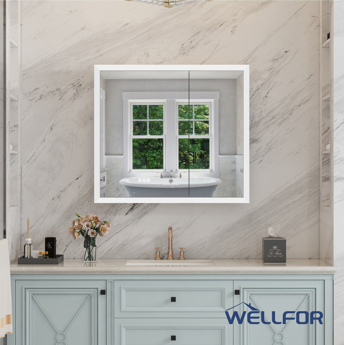 WELLFOR AURORA 36-in x 32-in Lighted LED Fog Free Surface/Recessed Mount Silver Mirrored Soft Close Medicine Cabinet