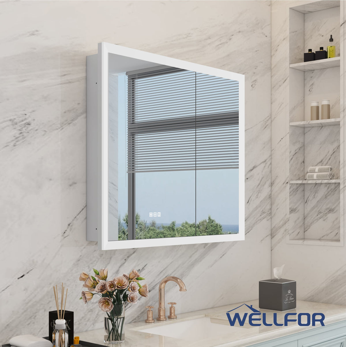 WELLFOR AURORA 36-in x 32-in Lighted LED Fog Free Surface/Recessed Mount Silver Mirrored Soft Close Medicine Cabinet