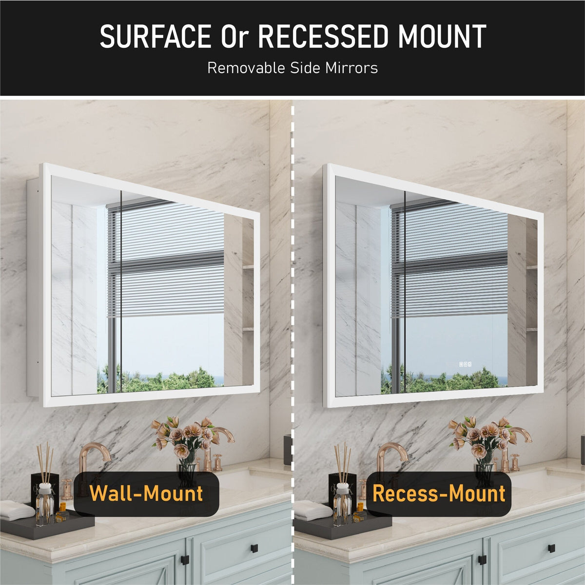 WELLFOR AURORA 48-in x 32-in Lighted LED Fog Free Surface/Recessed Mount Silver Mirrored Soft Close Medicine Cabinet
