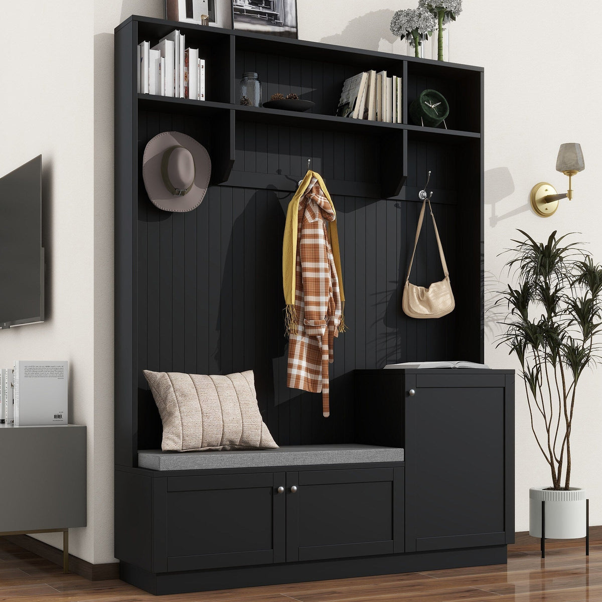 Yiekholo Casual 59-in Black Wood Hall Tree