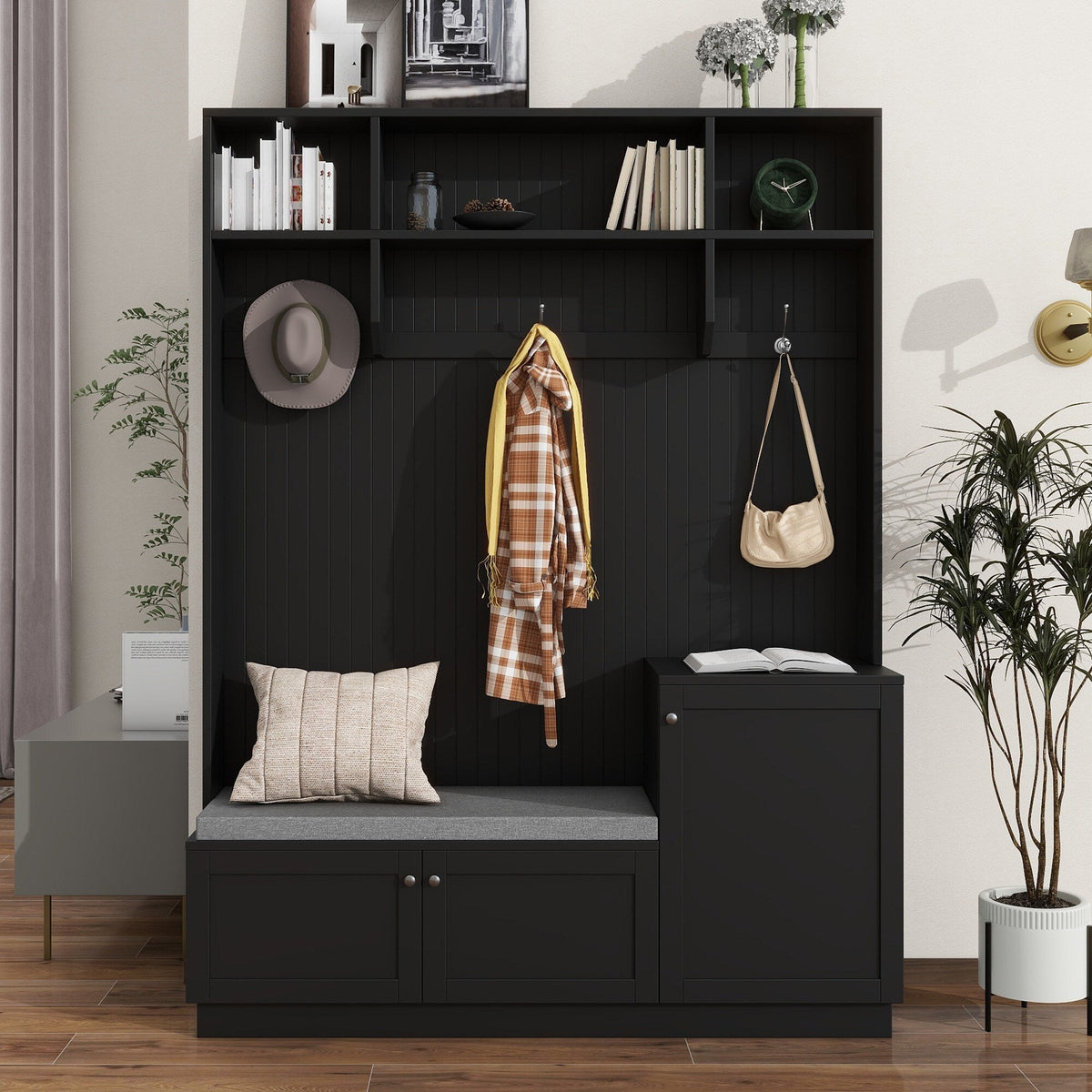 Yiekholo Casual 59-in Black Wood Hall Tree