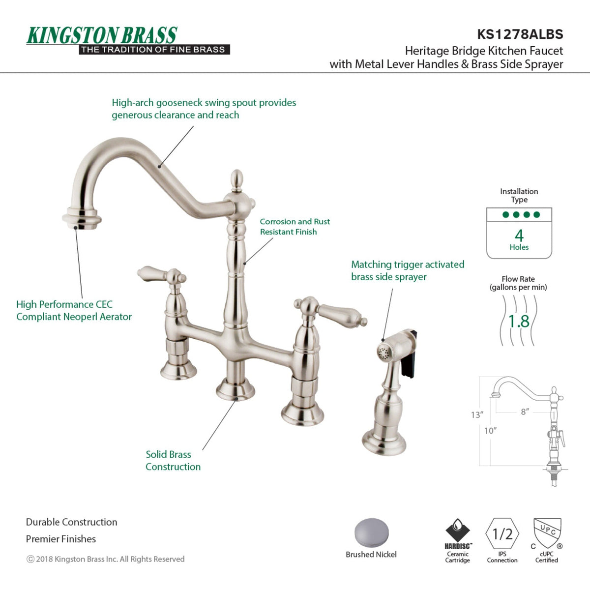 Elements of Design Brushed Nickel 2-Handle Deck-Mount Bridge Kitchen Faucet with Side Sprayer