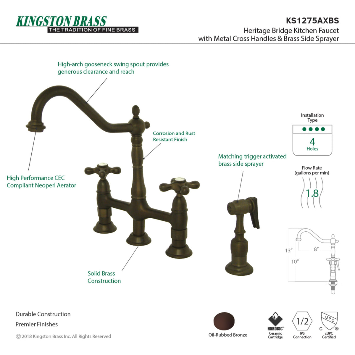 Elements of Design Oil-Rubbed Bronze 2-Handle Deck-Mount Bridge Kitchen Faucet with Side Sprayer