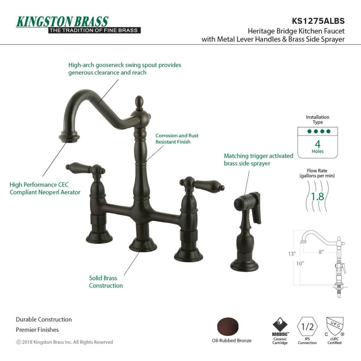 Elements of Design Oil-Rubbed Bronze 2-Handle Deck-Mount Bridge Kitchen Faucet with Brass Side Sprayer