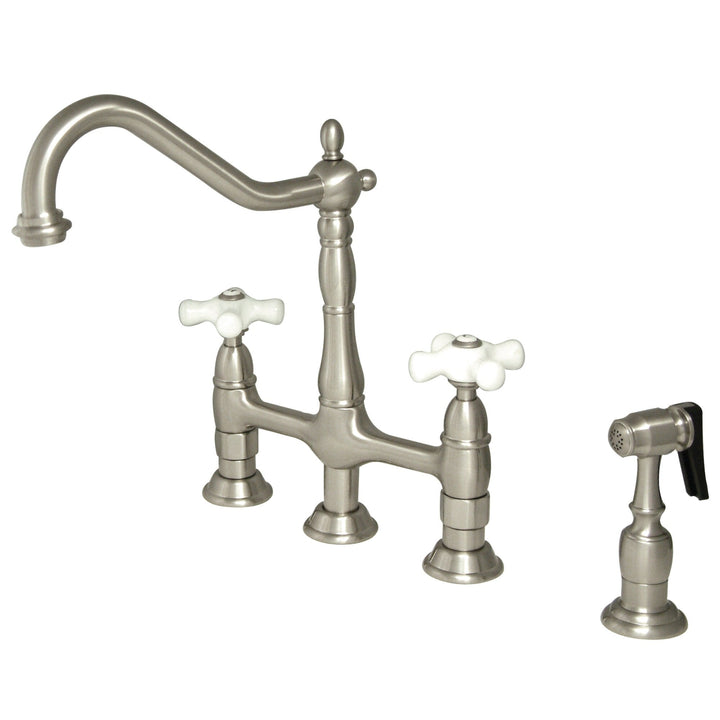 Elements of Design Brushed Nickel 2-Handle Deck-Mount Bridge Kitchen Faucet with Side Sprayer