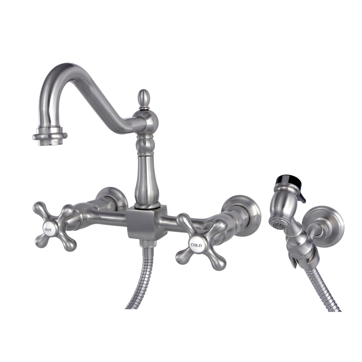 Elements of Design Brushed Nickel 2-Handle Wall-Mount Bridge Kitchen Faucet with Side Sprayer