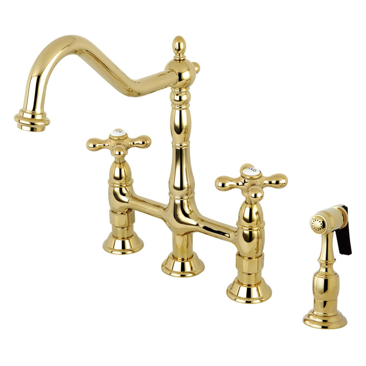 Elements of Design Polished Brass 2‑Handle Deck‑Mount Bridge Kitchen Faucet with Side Sprayer