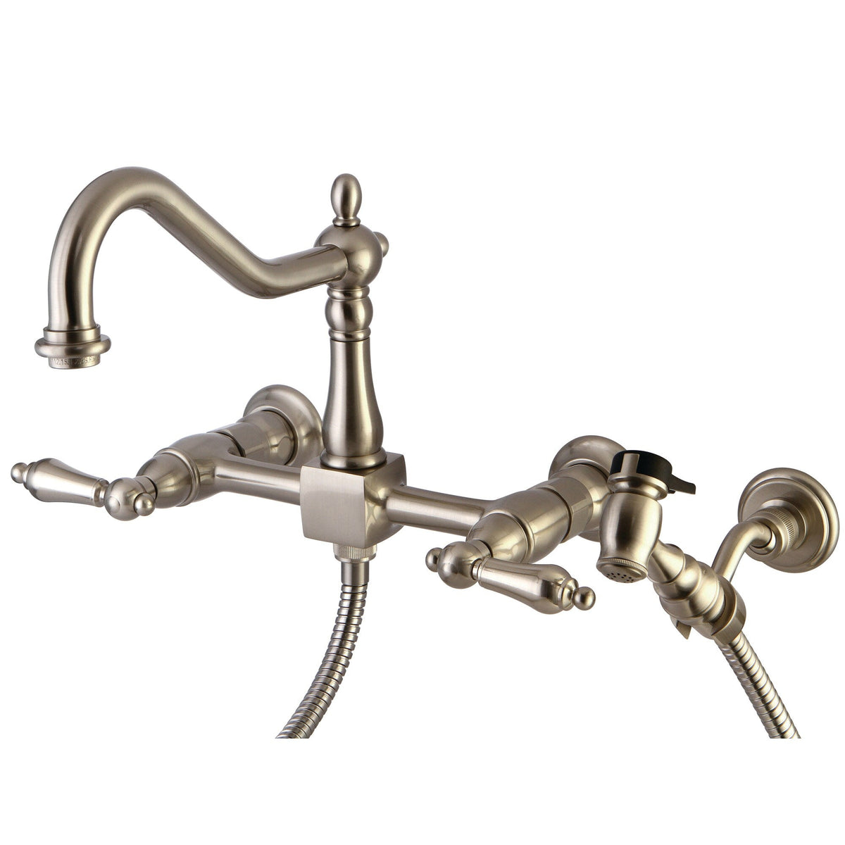 Elements of Design Brushed Nickel 2-Handle Wall-Mount Bridge Kitchen Faucet with Side Sprayer, 8-in Centers