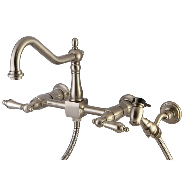 Elements of Design Brushed Nickel 2-Handle Wall-Mount Bridge Kitchen Faucet with Side Sprayer, 8-in Centers