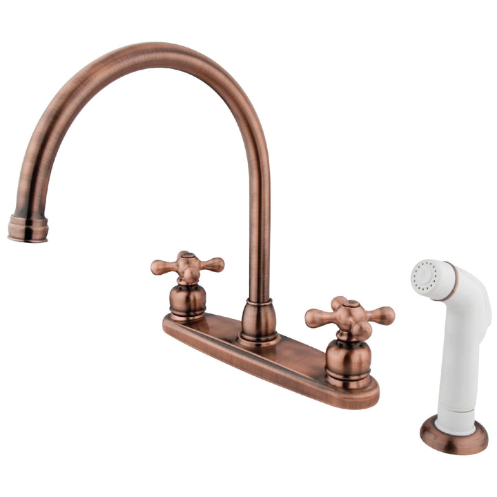 Elements of Design Victorian Antique Copper 2-Handle Deck-Mount High-Arc Kitchen Faucet with Deck Plate and Side Sprayer
