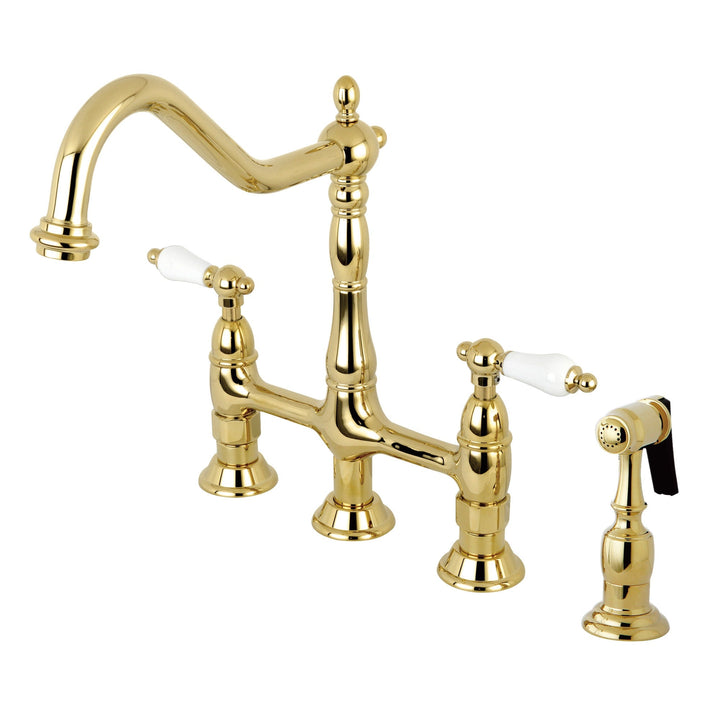 Elements of Design Polished Brass 2-Handle Deck-Mount Bridge Kitchen Faucet with Side Sprayer