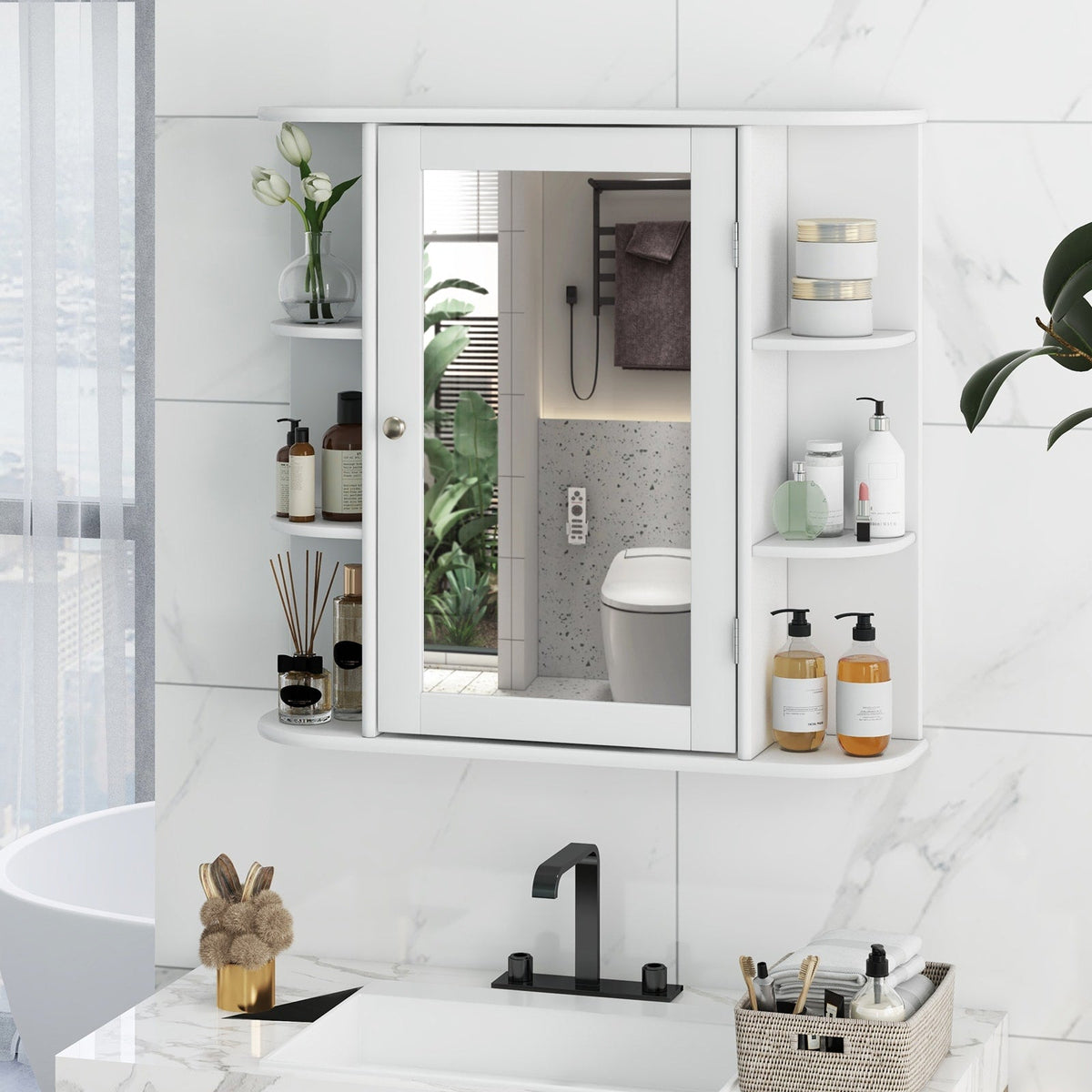 Forclover 26-in x 25-in Surface Mount White Mirrored Medicine Cabinet