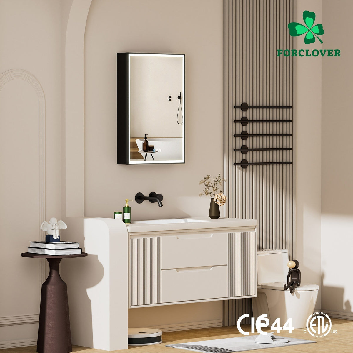 Forclover 20-in x 30-in Lighted LED Fog Free Surface/Recessed Mount Black Mirrored Soft Close Medicine Cabinet with Outlet