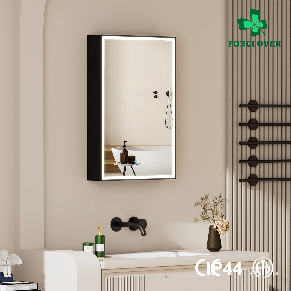 Forclover 20-in x 30-in Lighted LED Fog Free Surface/Recessed Mount Black Mirrored Soft Close Medicine Cabinet with Outlet