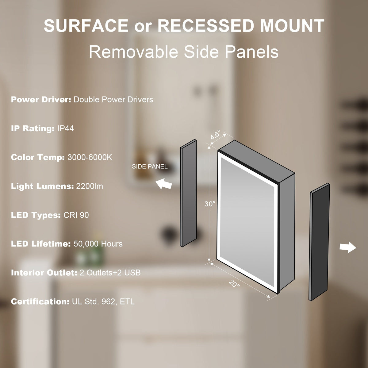 Forclover 20-in x 30-in Lighted LED Fog Free Surface/Recessed Mount Black Mirrored Soft Close Medicine Cabinet with Outlet
