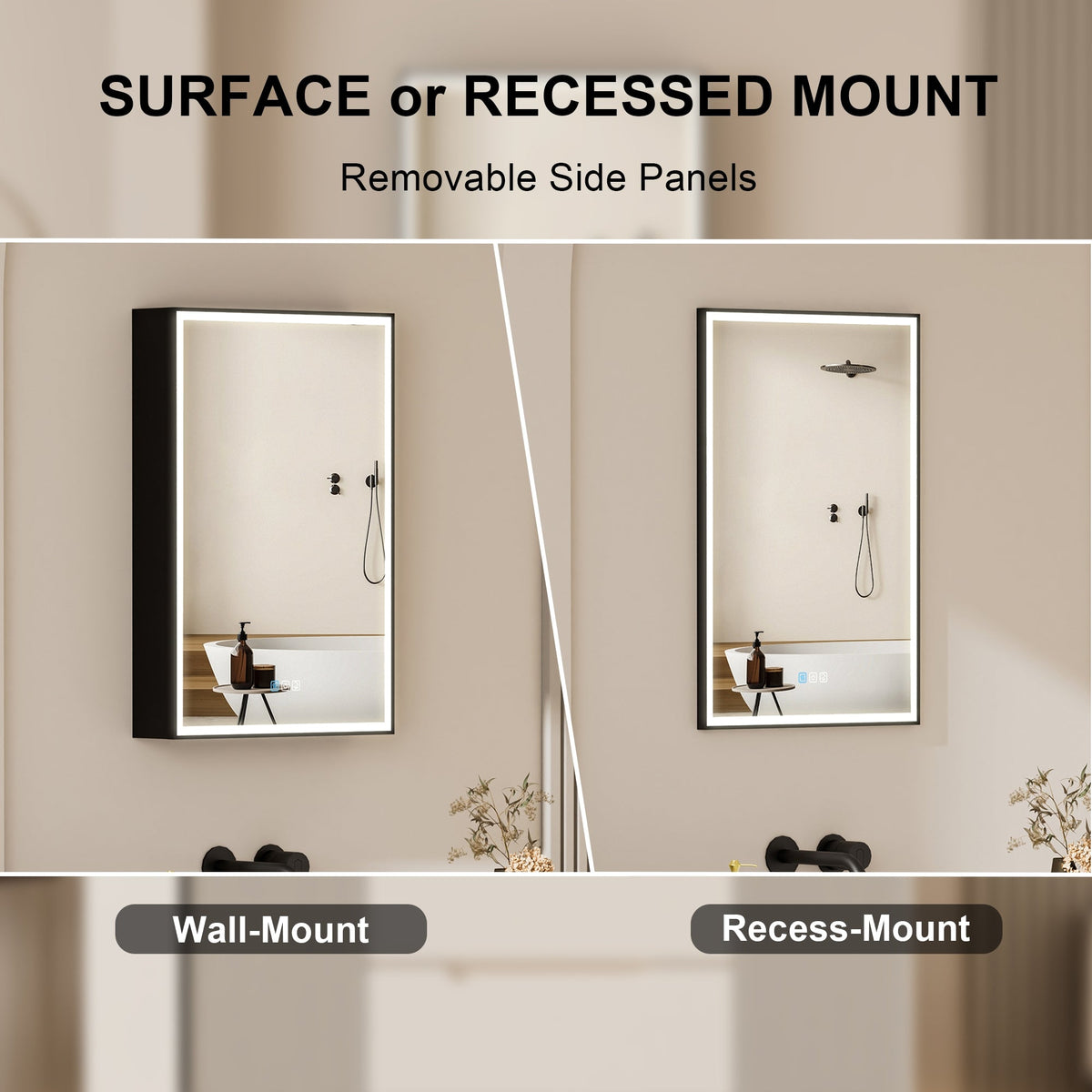 Forclover 20-in x 30-in Lighted LED Fog Free Surface/Recessed Mount Black Mirrored Soft Close Medicine Cabinet with Outlet