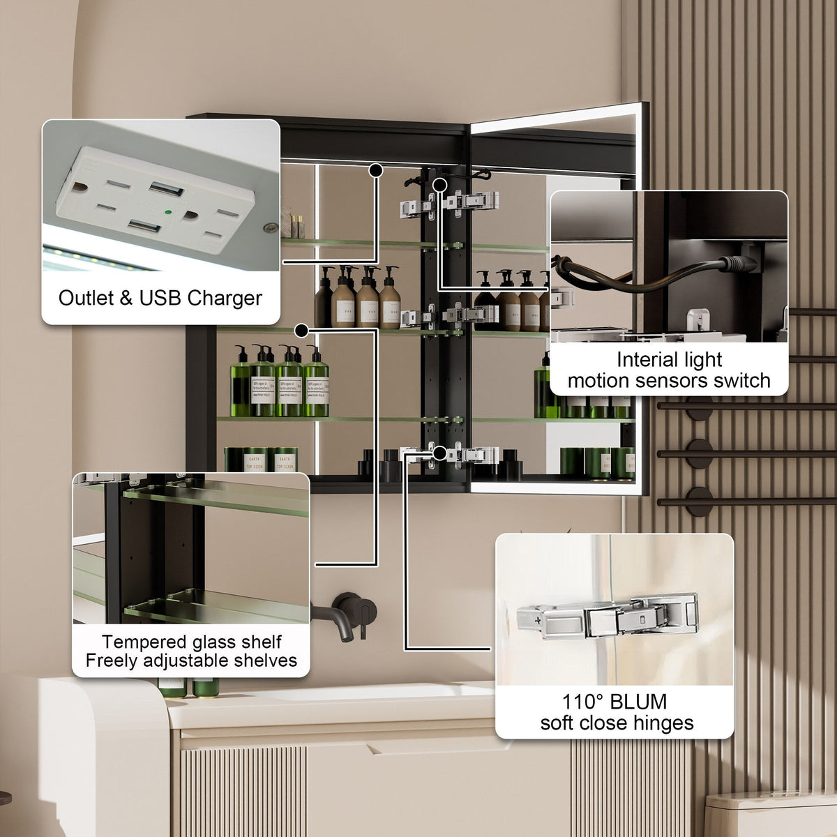 Forclover 24-in x 30-in Lighted LED Fog Free Surface/Recessed Mount Black Mirrored Medicine Cabinet with Outlet