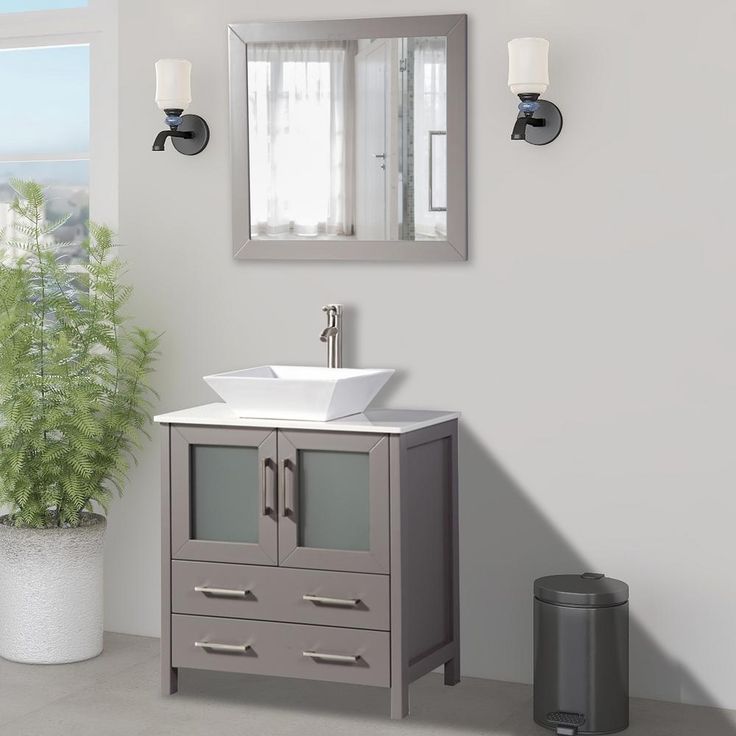 Ravenna 30 in. W x 18.5 in. D x 36 in. H Bathroom Vanity in Grey with Single Basin Top in White Ceramic and Mirror