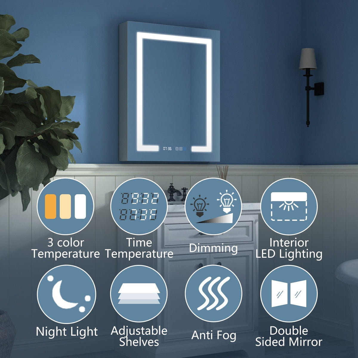 Forclover 24-in x 32-in Lighted LED Fog Free Surface Mount Silver Mirrored Soft Close Medicine Cabinet with Outlet