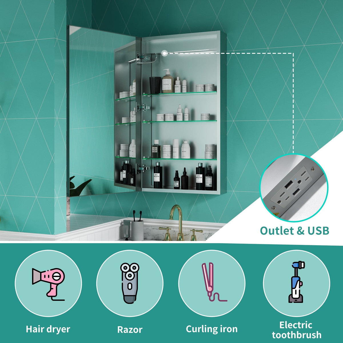 ExBrite Ethos 20-in x 36-in Lighted LED Fog Free Surface/Recessed Mount Silver Mirrored Soft Close Medicine Cabinet with Outlet
