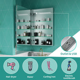 ExBrite Ethos 24-in x 36-in Lighted LED Fog Free Surface/Recessed Mount Silver Mirrored Soft Close Medicine Cabinet with Outlet