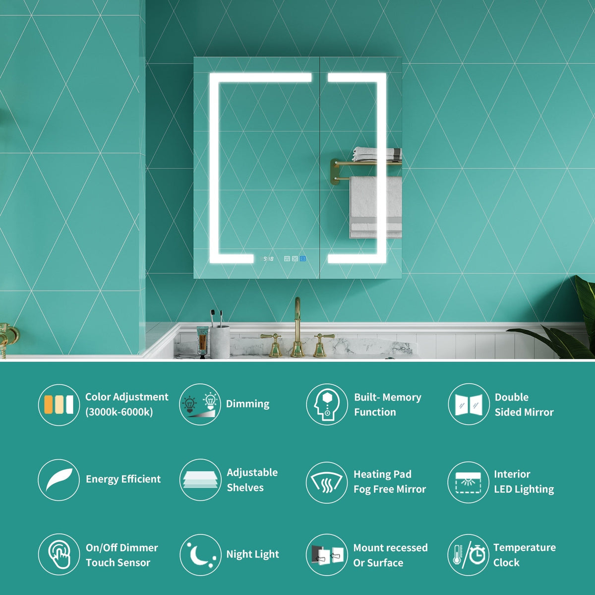 ExBrite Ethos 30-in x 32-in Lighted LED Fog Free Surface/Recessed Mount Silver Mirrored Soft Close Medicine Cabinet with Outlet