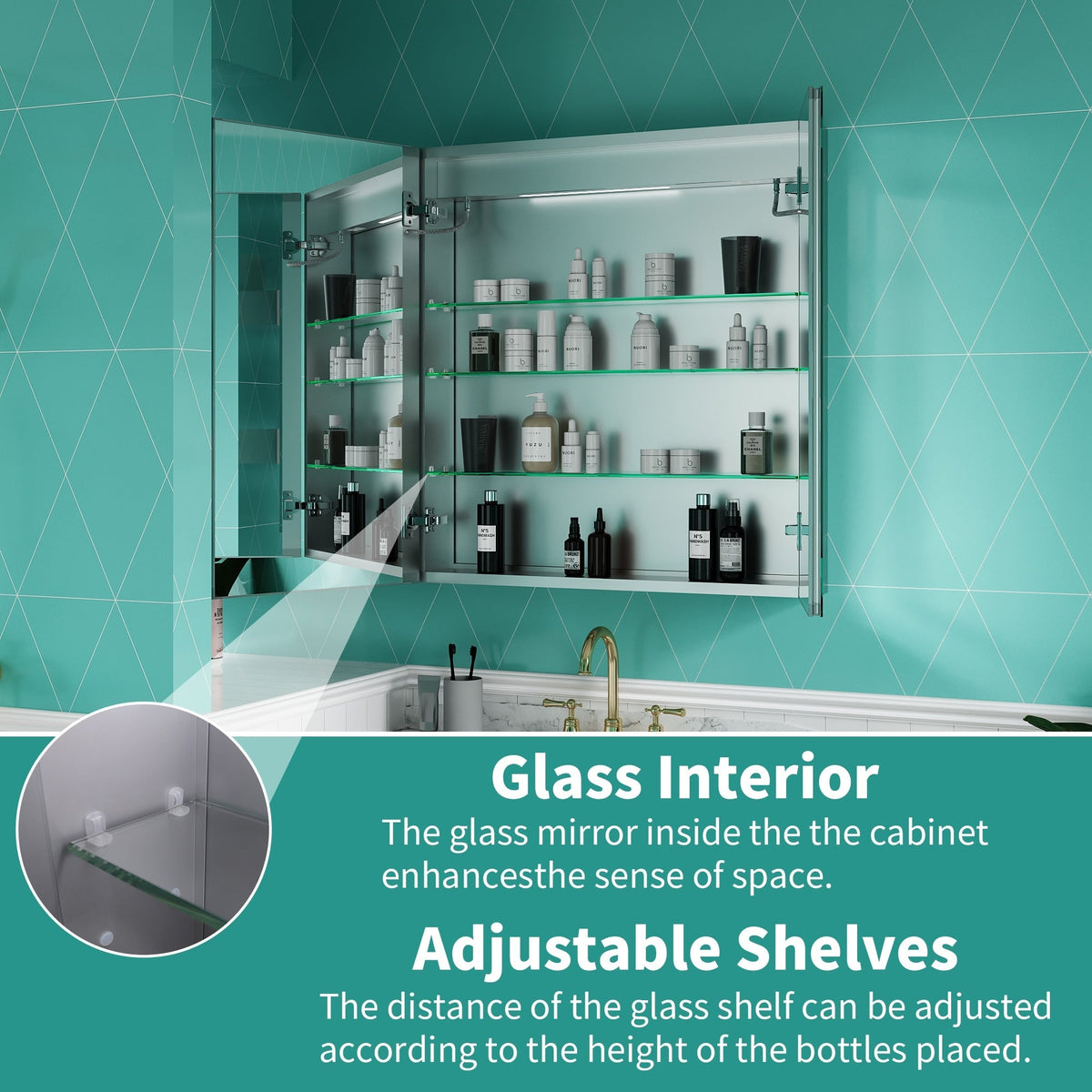 ExBrite Ethos 30-in x 32-in Lighted LED Fog Free Surface/Recessed Mount Silver Mirrored Soft Close Medicine Cabinet with Outlet
