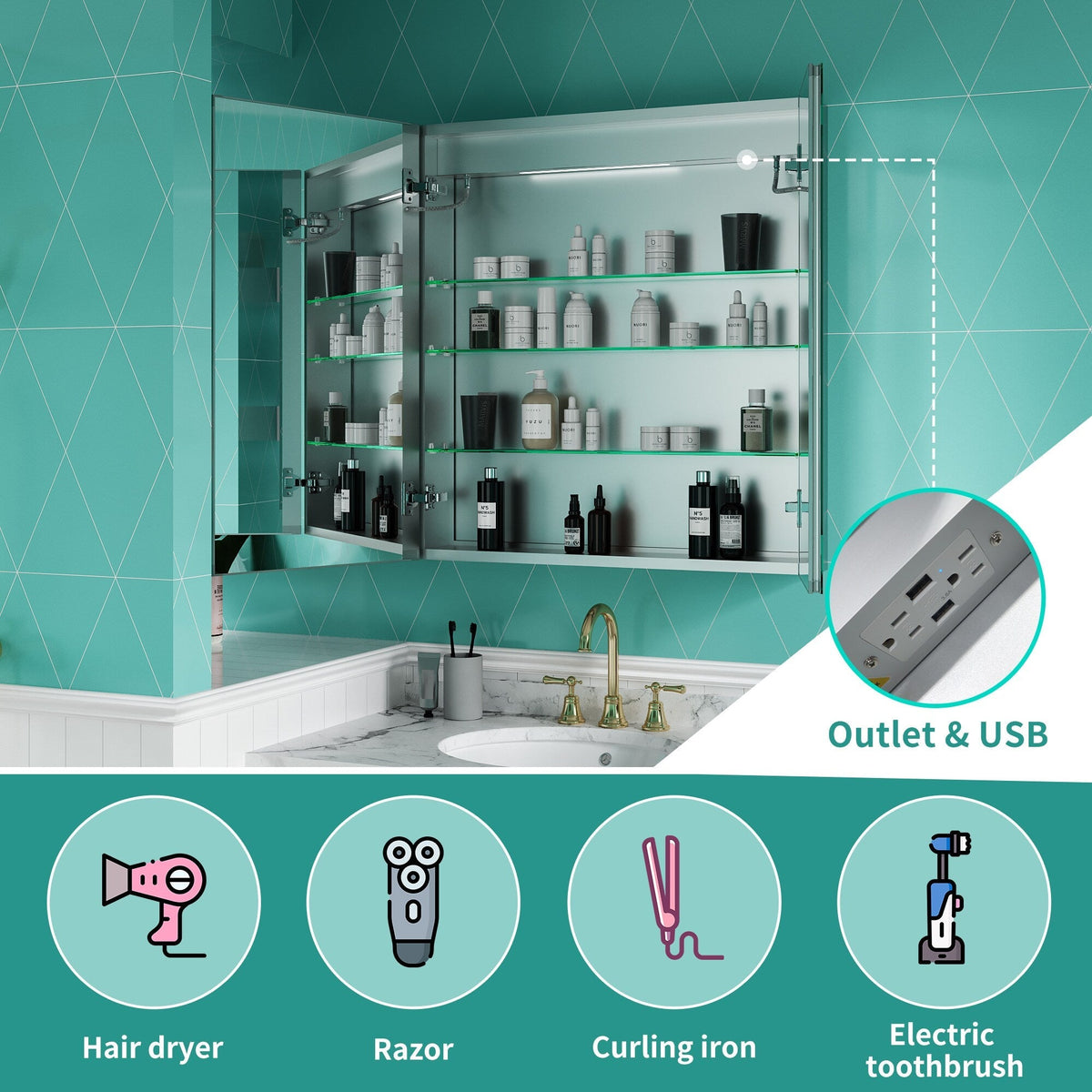 ExBrite Ethos 30-in x 32-in Lighted LED Fog Free Surface/Recessed Mount Silver Mirrored Soft Close Medicine Cabinet with Outlet