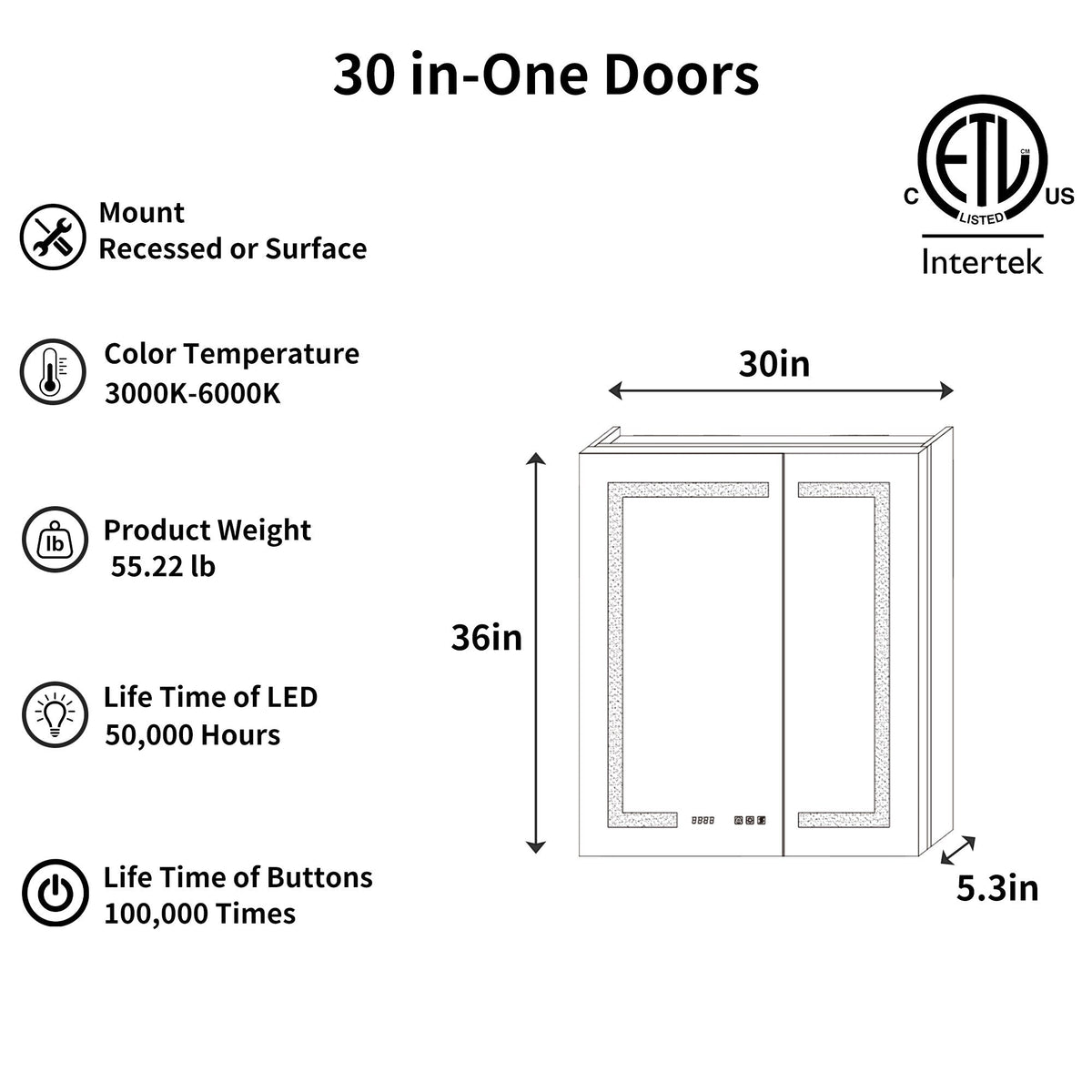 ExBrite 30-in x 36-in Lighted LED Fog Free Surface/Recessed Mount Silver Mirrored Soft Close Medicine Cabinet with Outlet