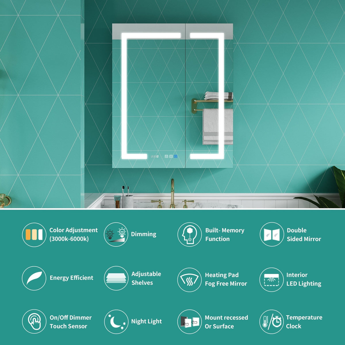ExBrite Ethos 30-in x 36-in Lighted LED Fog Free Surface/Recessed Mount Silver Mirrored Soft Close Medicine Cabinet with Outlet