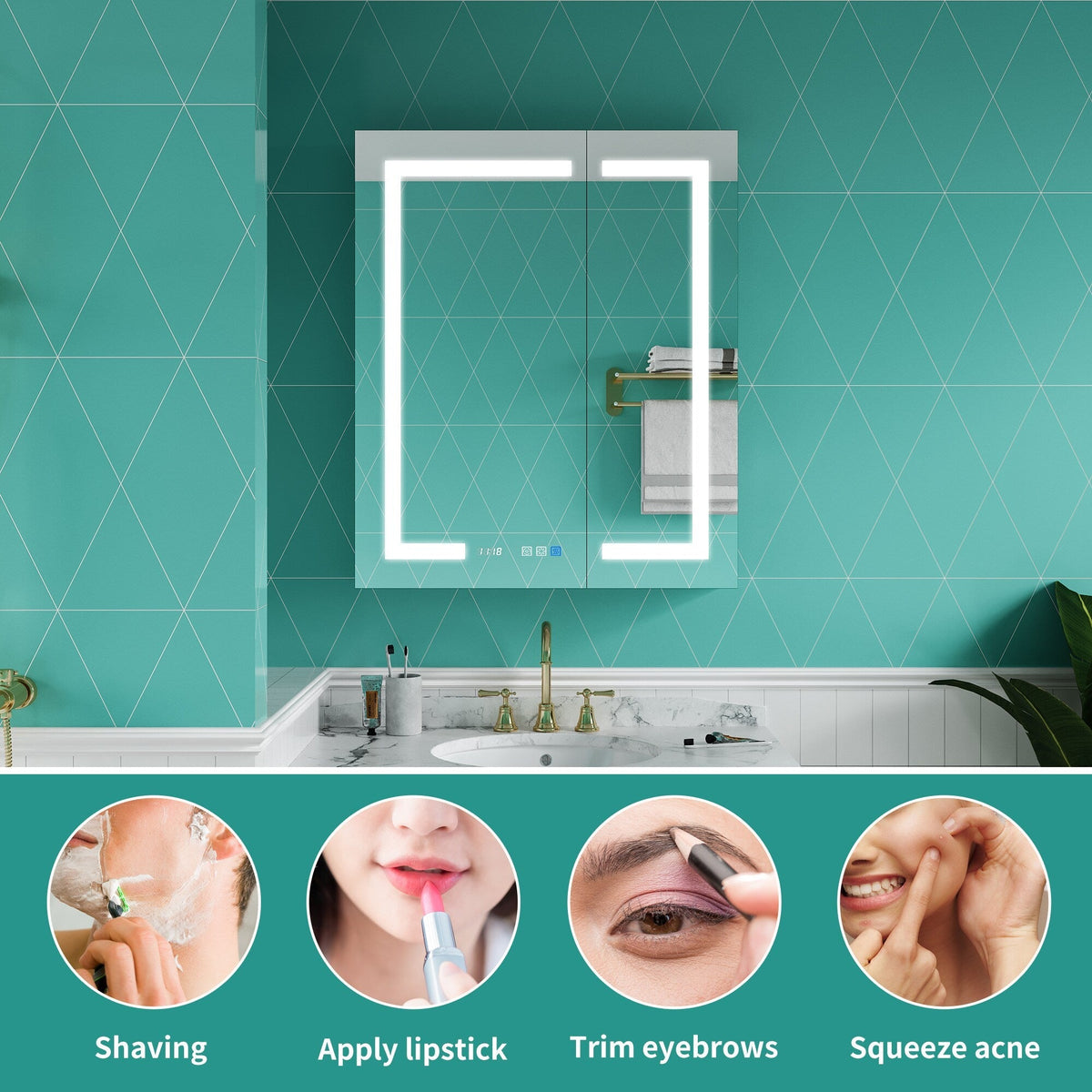 ExBrite 30-in x 36-in Lighted LED Fog Free Surface/Recessed Mount Silver Mirrored Soft Close Medicine Cabinet with Outlet