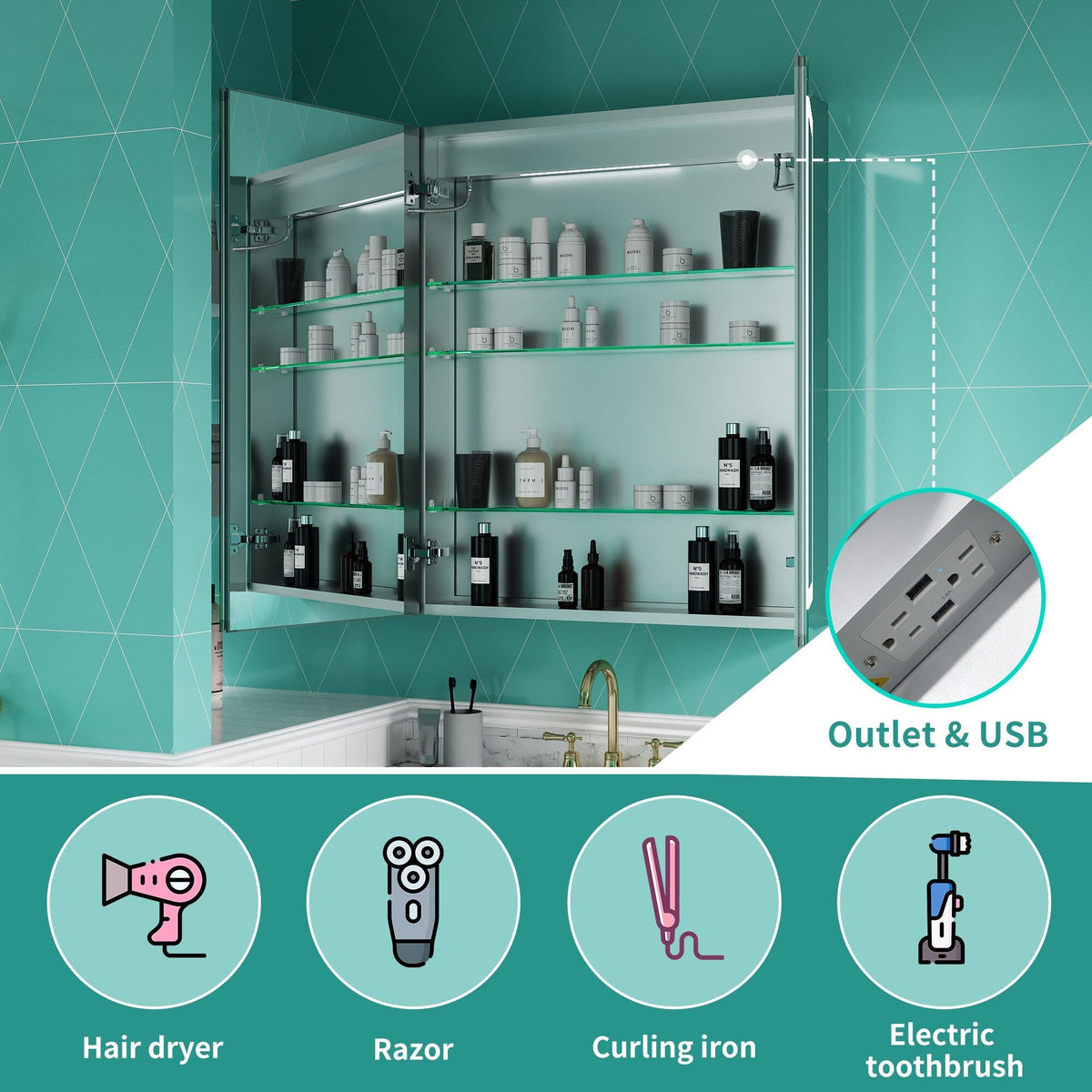 ExBrite 30-in x 36-in Lighted LED Fog Free Surface/Recessed Mount Silver Mirrored Soft Close Medicine Cabinet with Outlet