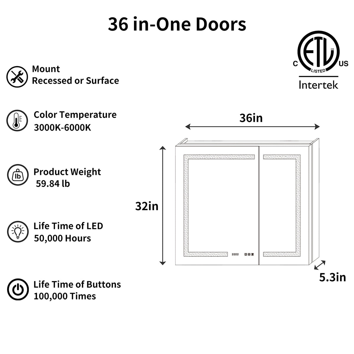 ExBrite Ethos 36-in x 32-in Lighted LED Fog Free Surface/Recessed Mount Silver Mirrored Soft Close Medicine Cabinet with Outlet