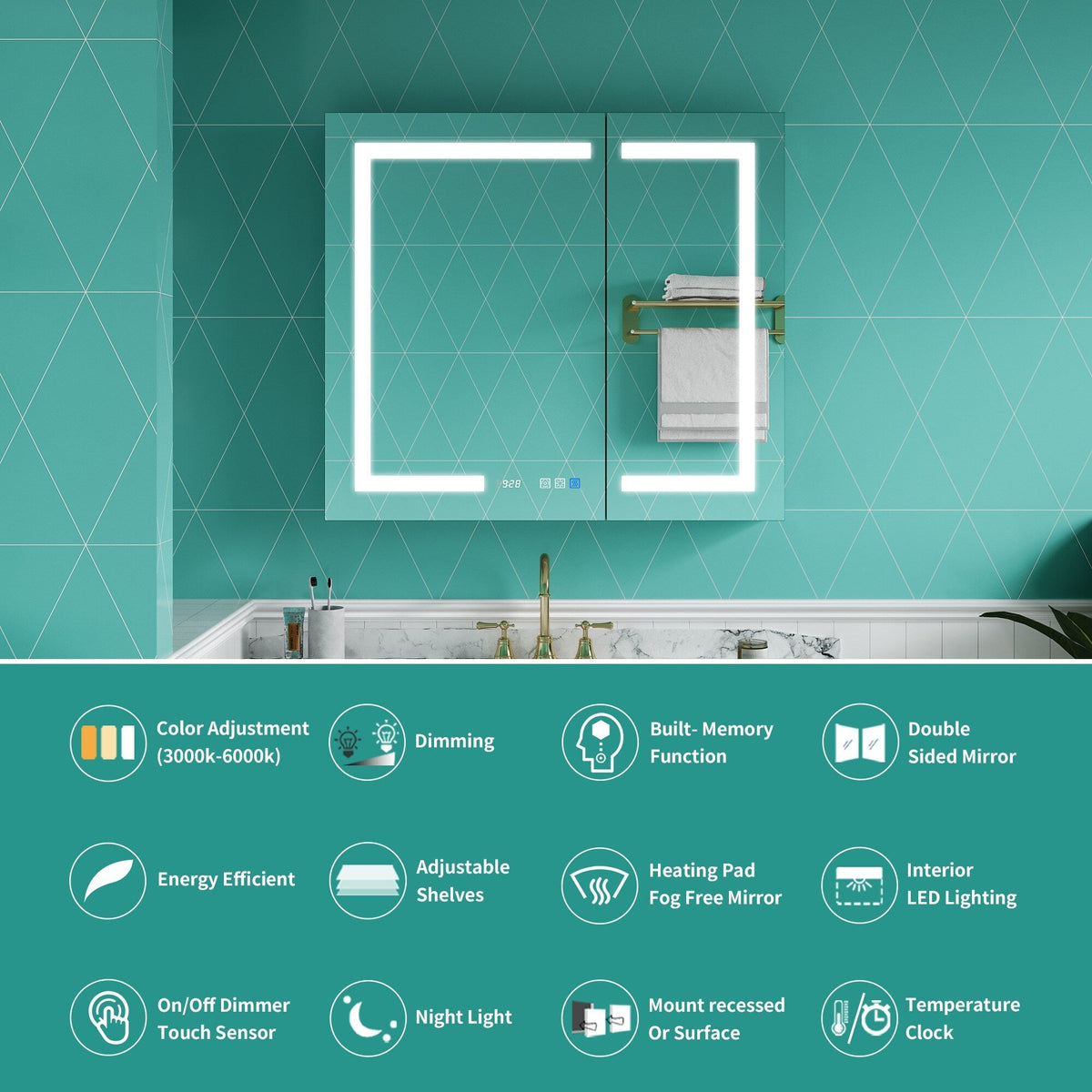 ExBrite Ethos 36-in x 32-in Lighted LED Fog Free Surface/Recessed Mount Silver Mirrored Soft Close Medicine Cabinet with Outlet