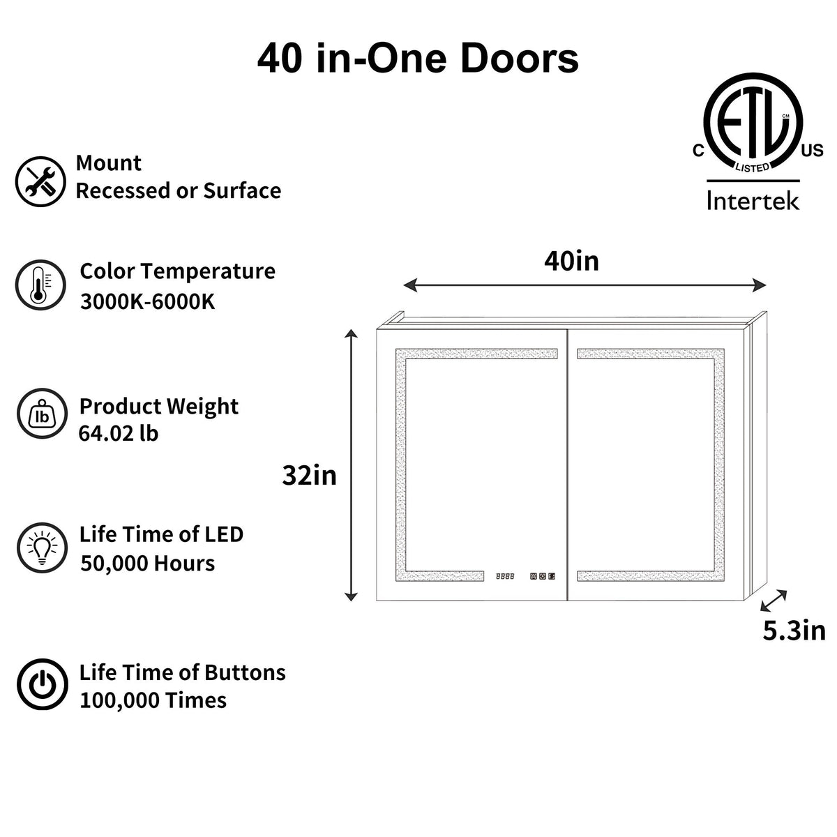 ExBrite Ethos 40-in x 32-in Lighted LED Fog Free Surface/Recessed Mount Silver Mirrored Soft Close Medicine Cabinet with Outlet