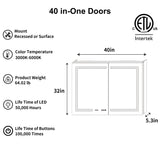 ExBrite Ethos 40-in x 32-in Lighted LED Fog Free Surface/Recessed Mount Silver Mirrored Soft Close Medicine Cabinet with Outlet