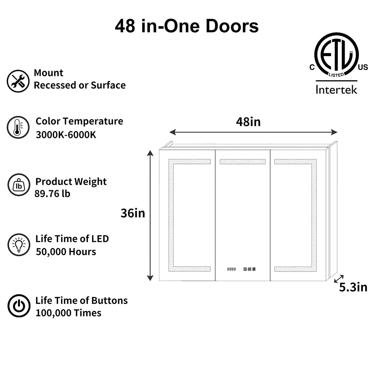 ExBrite Ethos 48-in x 36-in Lighted LED Fog Free Surface/Recessed Mount Silver Mirrored Soft Close Medicine Cabinet with Outlet