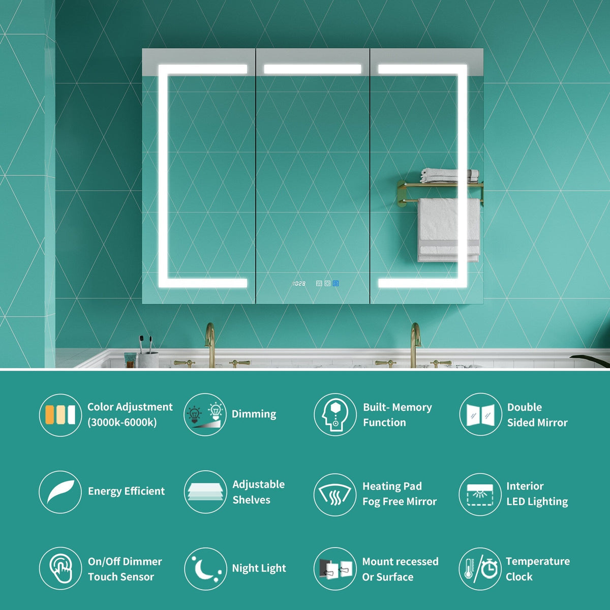 ExBrite Ethos 48-in x 36-in Lighted LED Fog Free Surface/Recessed Mount Silver Mirrored Soft Close Medicine Cabinet with Outlet