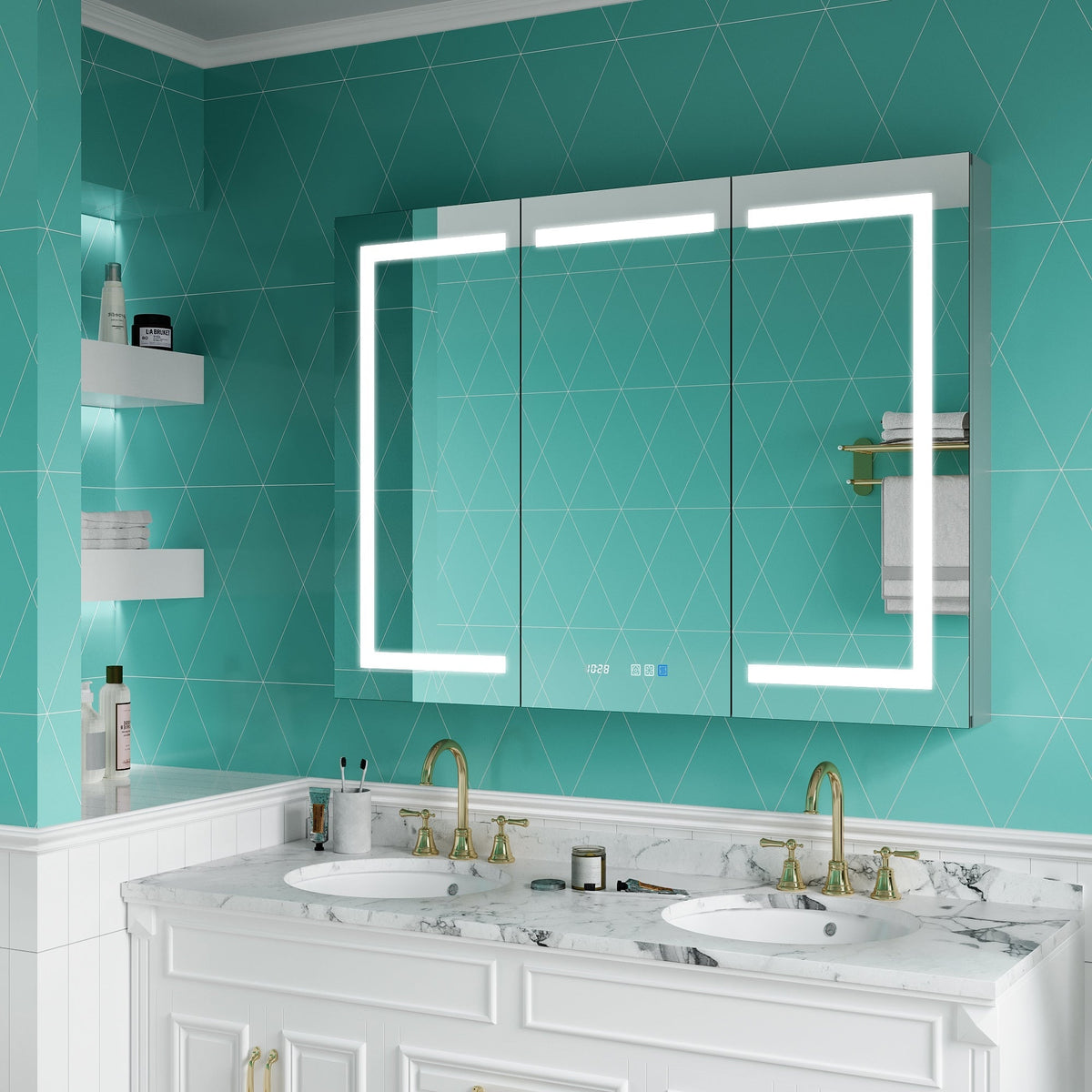 ExBrite Ethos 48-in x 36-in Lighted LED Fog Free Surface/Recessed Mount Silver Mirrored Soft Close Medicine Cabinet with Outlet